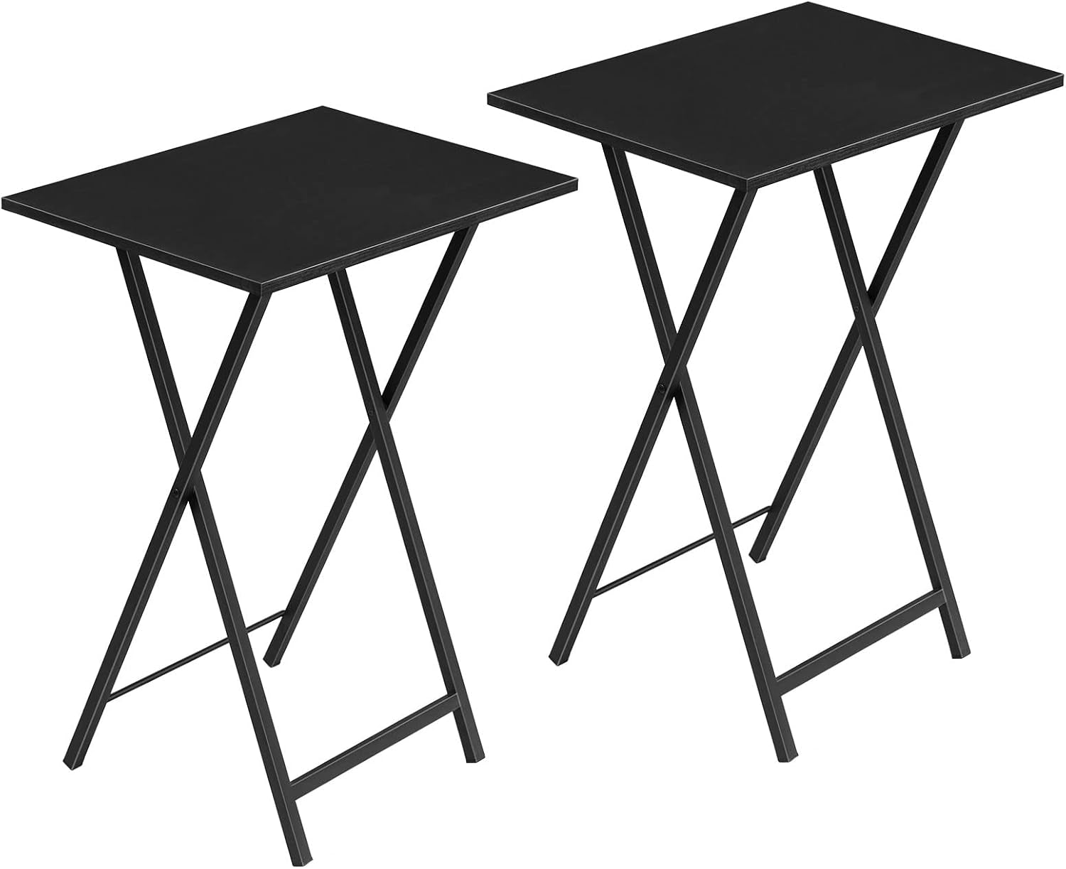 Two black folding TV tray tables with square tops and X-frame metal legs on white background