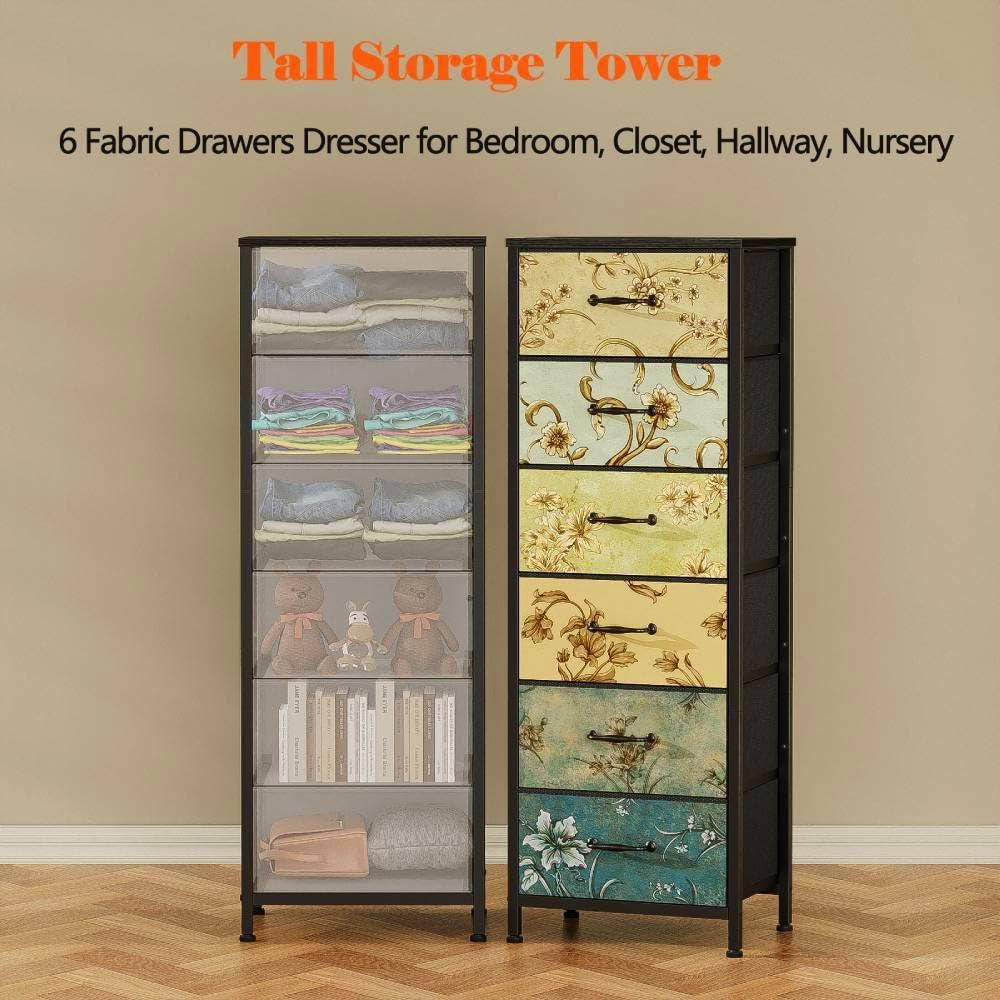 Two tall storage towers side by side, one showing translucent drawers with contents and the other with decorative floral
