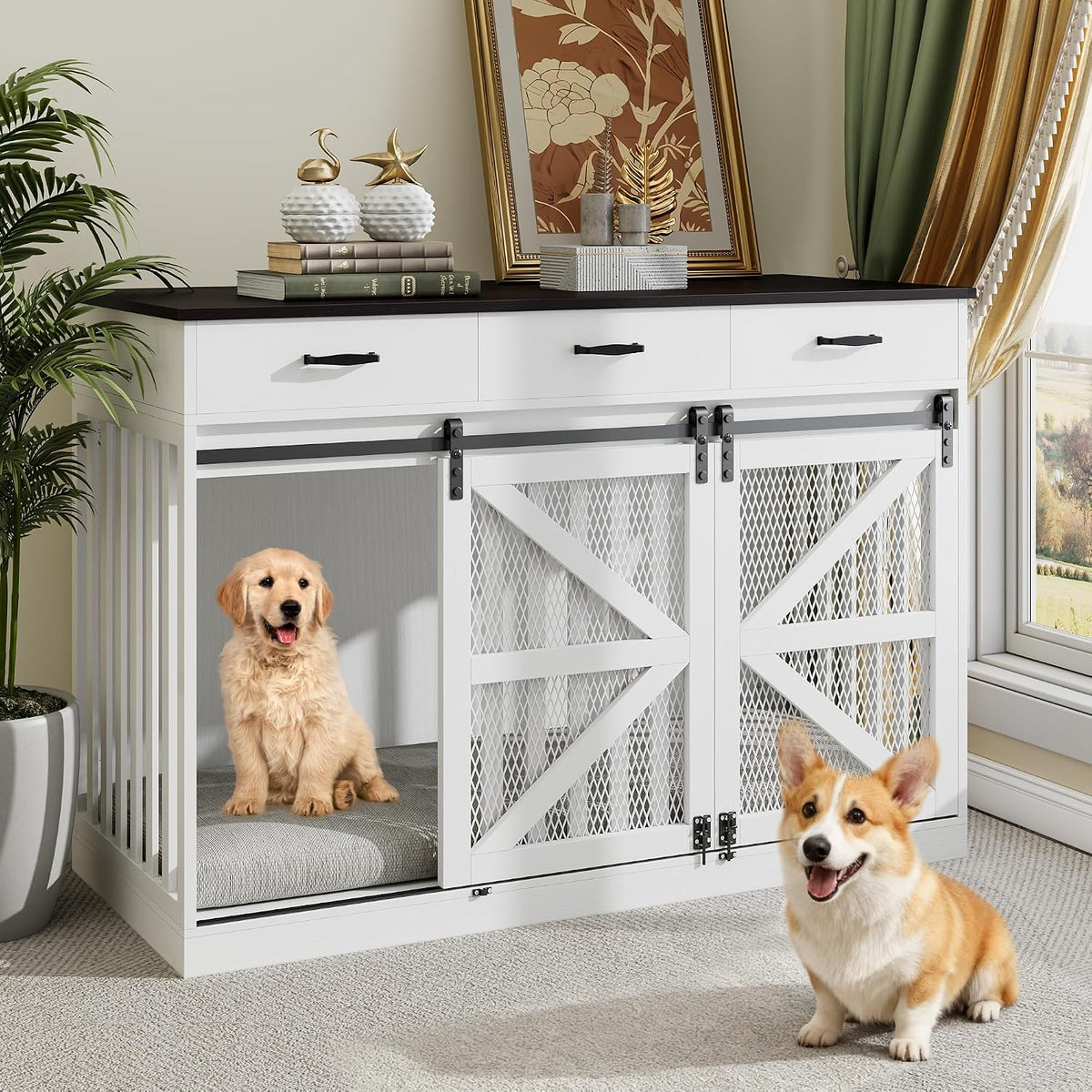 White farmhouse-style dog crate console with two dogs, decorative items on top by a window