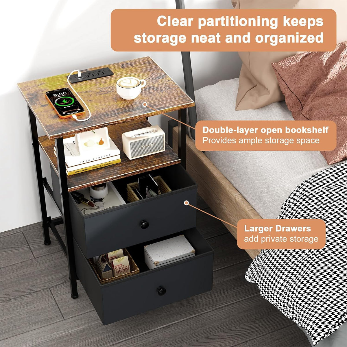 Styled bedside view showing the nightstand next to a bed with one drawer pulled out and books and accessories on shelves.