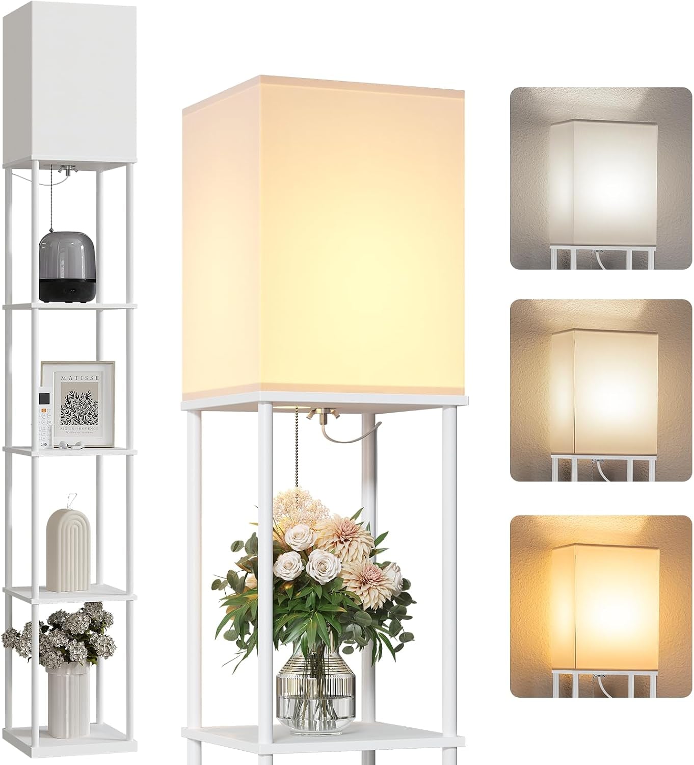 Tall white floor lamp with four corner shelves, lit square fabric shade, and three lighting swatches at right