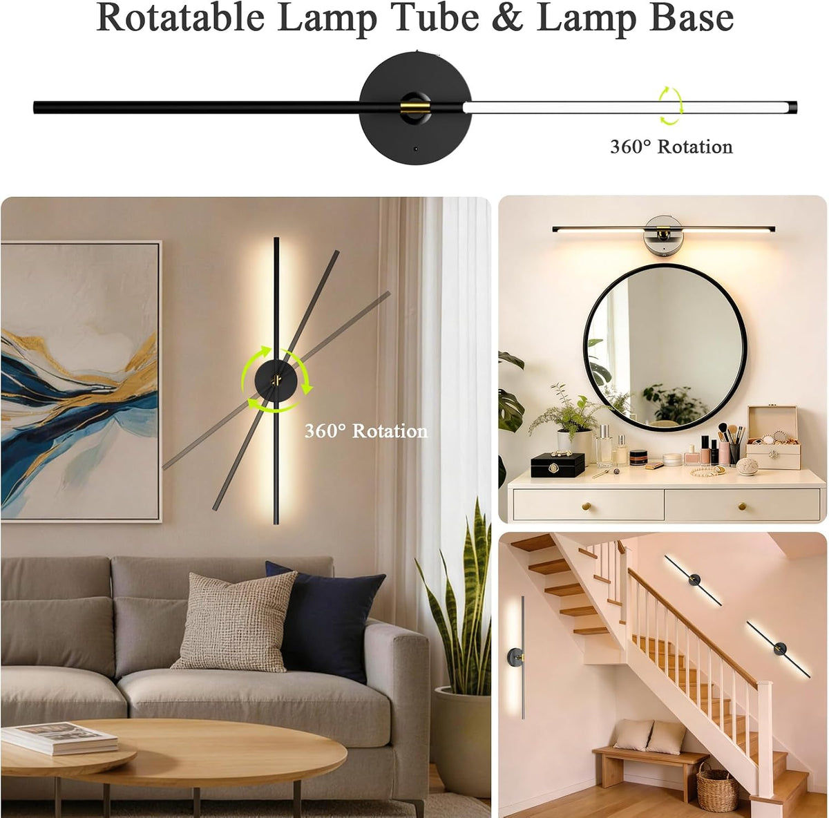 Diagram and scenes showing the 31.5 in rotatable lamp tube with 360° rotation and installations near stairs and mirror.
