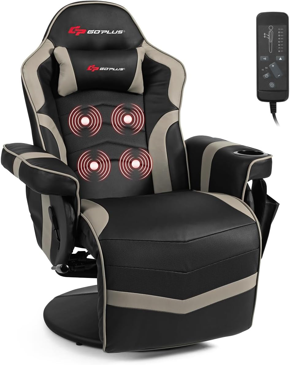 Gray-and-black gaming recliner with head pillow, cup holder and wired remote on white background
