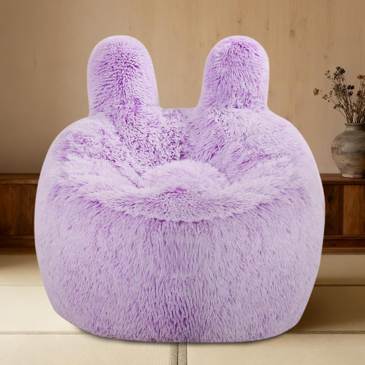 Front view of a lavender faux-fur bean bag chair with two rounded back 'ear' cushions.