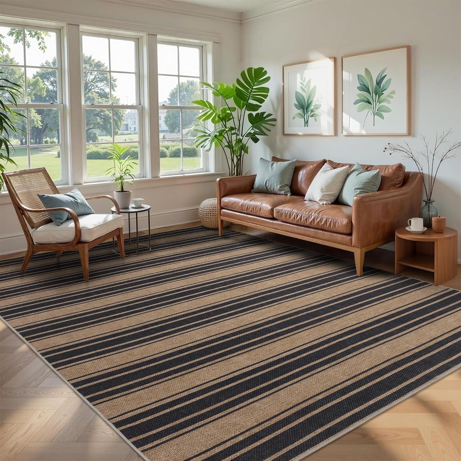 Zeeinx Striped Easy Jute Rug 5x7 Outdoor Patio Rug Neutral Porch Rug | Non Slip Washable Rug for Living, gallery view 28