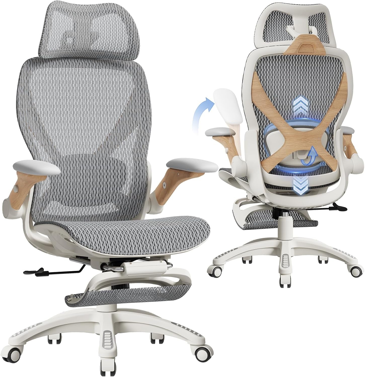 White-frame mesh chair with light wood-tone accents shown from front and back.