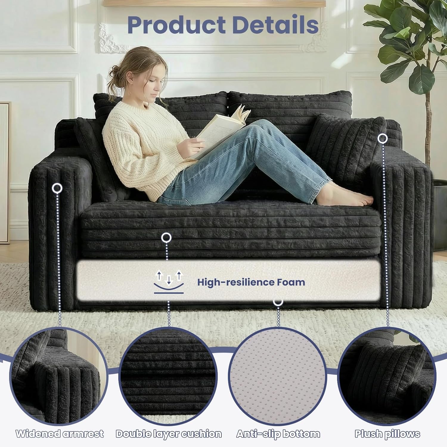 3-In-1 Convertible Sofa Bed: Boneless Loveseat Sleeper & Folding Couch Bed with 4 Pillows & Detachable Cushion,Furry Futon Couch for Bedroom,Apartment,Office and Living Room, No Assembly,Black