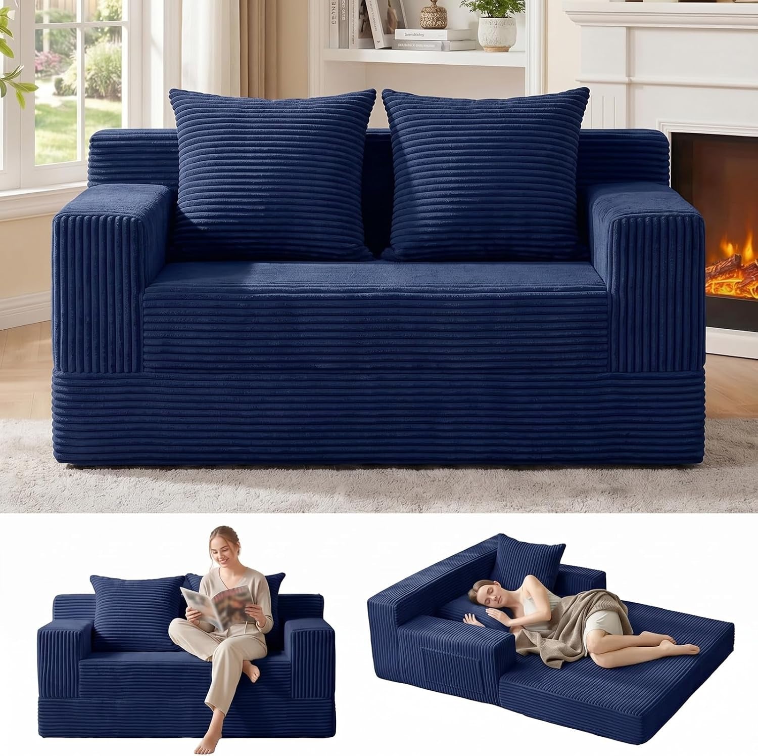 Navy corduroy folding sofa bed front view with two inset images showing seated and flat configurations.