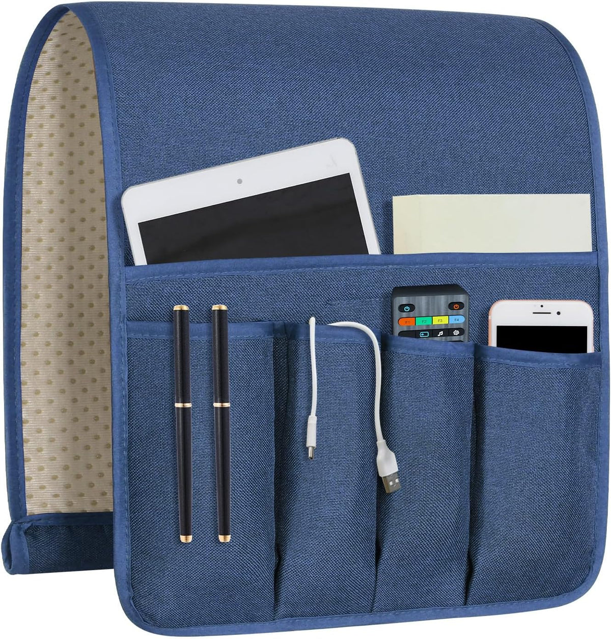 Blue fabric organizer front showing pockets filled with tablet, remote, phone, pens and a USB cable.