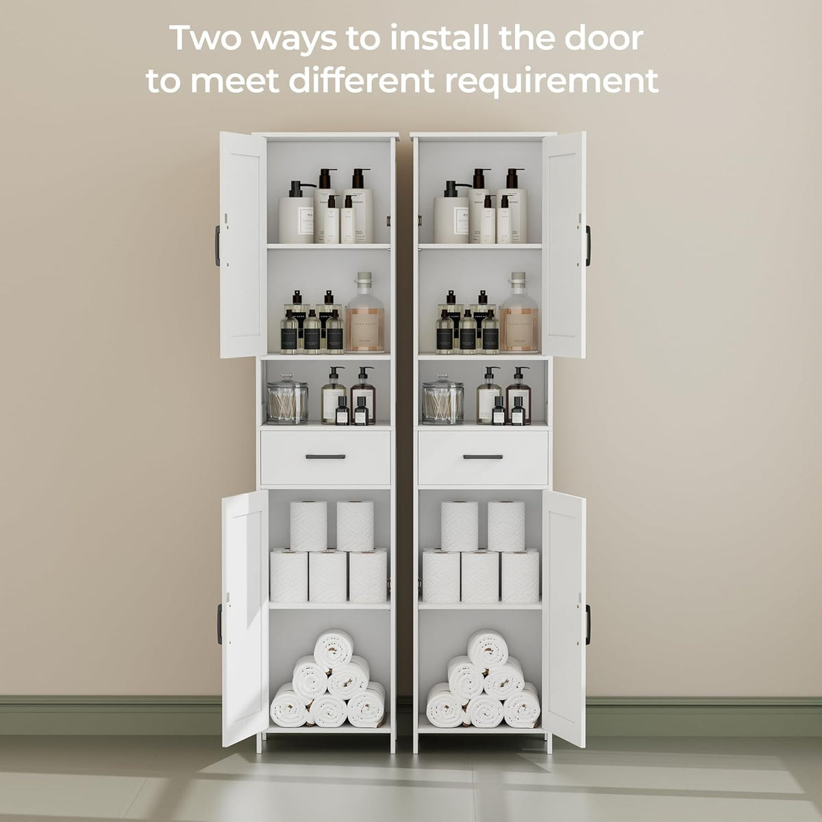 Two white tall cabinets side-by-side showing reversible door installation and open storage compartments