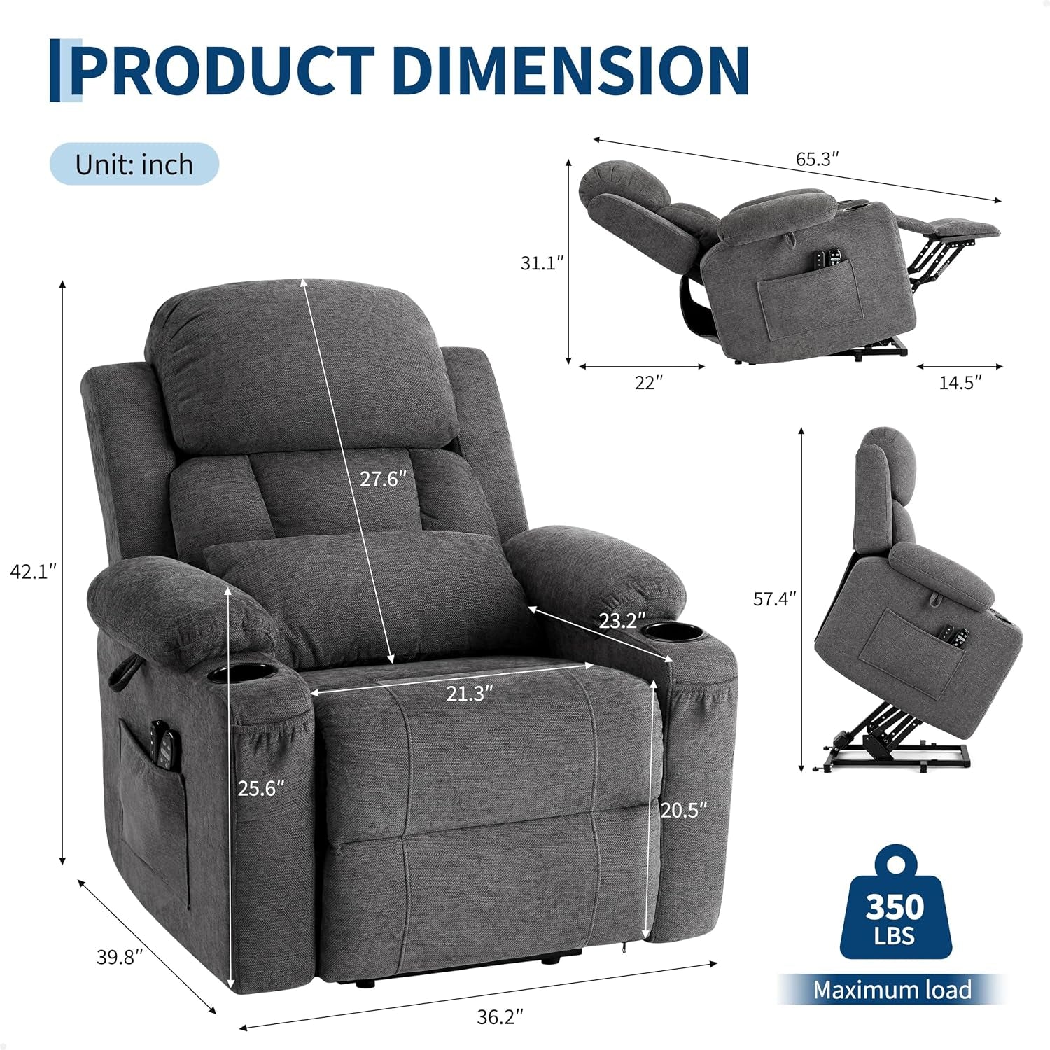 Grey recliner front and side dimension diagram with measurements and 350 lb maximum load icon.