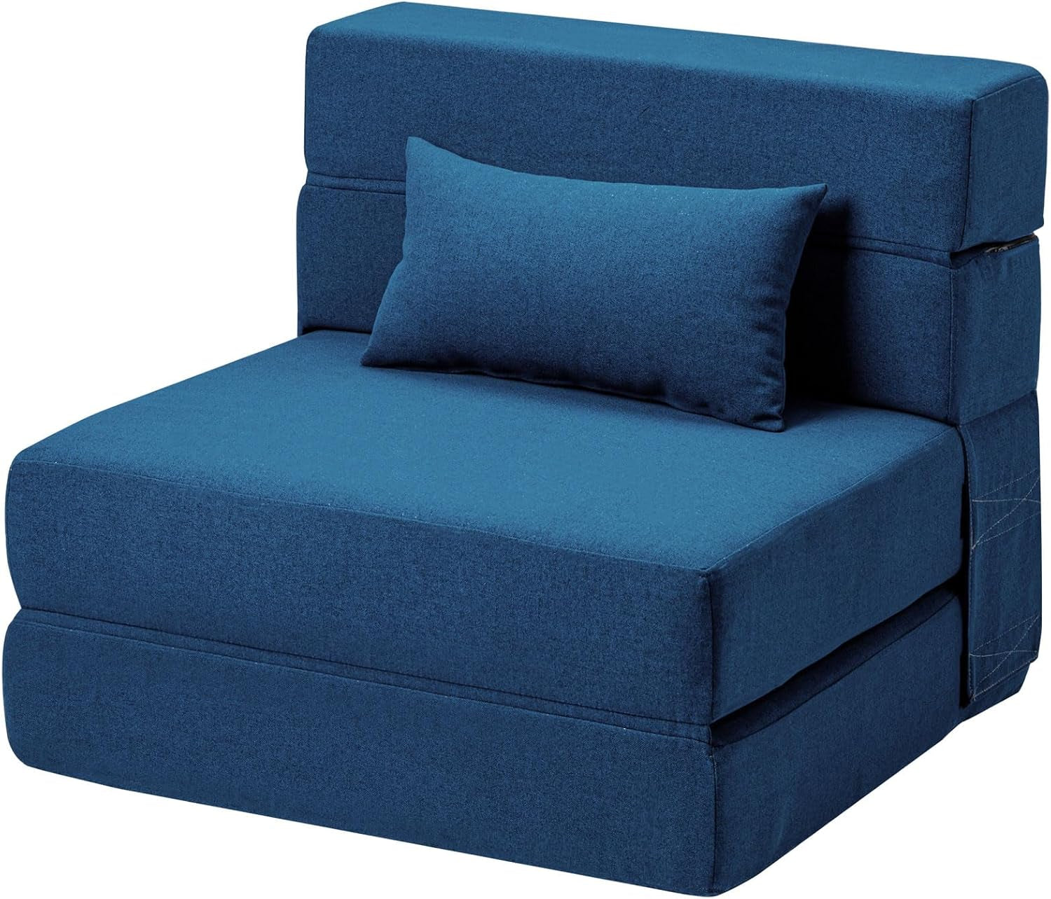 Three-quarter front view of a blue folding twin sofa bed with a rectangular lumbar pillow and folded backrest.