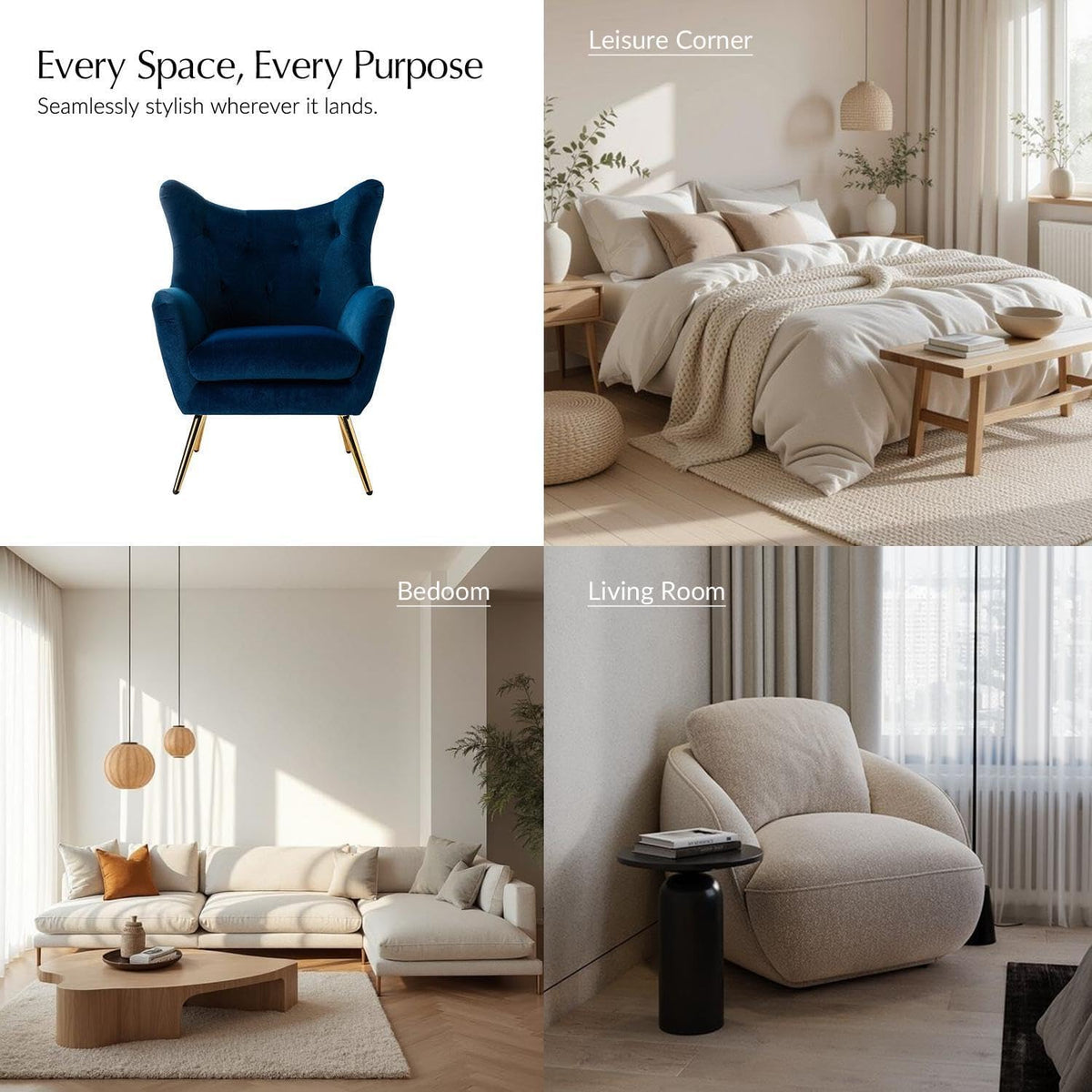 Front view of the navy wingback chair on a white background beside three lifestyle room examples.
