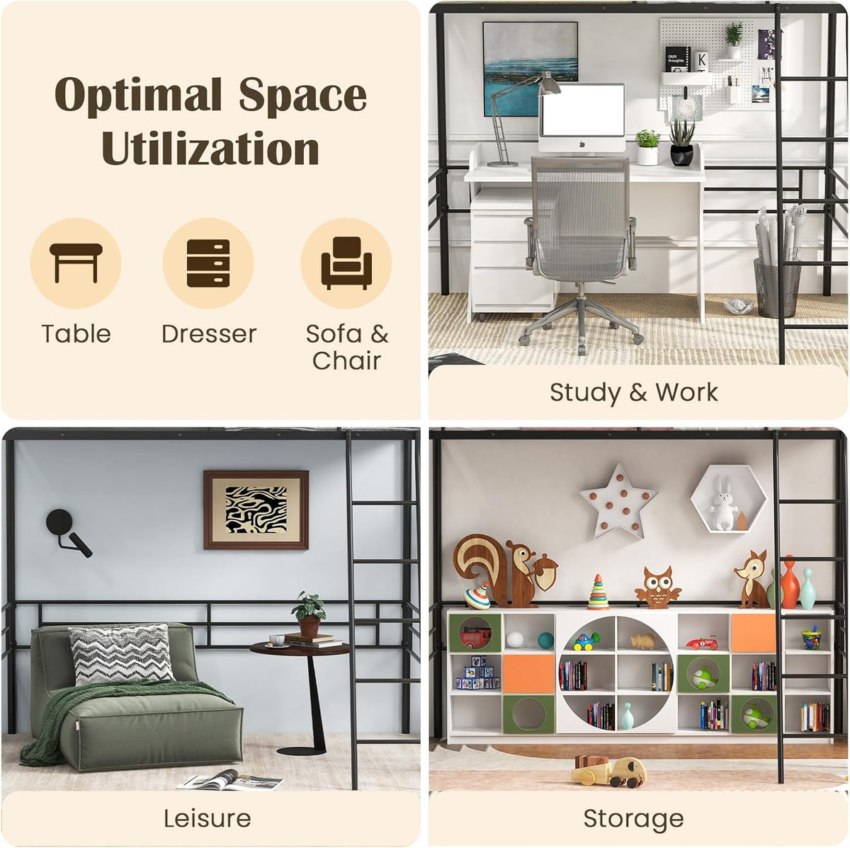 Four-panel collage showing the loft used over a desk, a lounge chair, and storage shelving to illustrate space options.