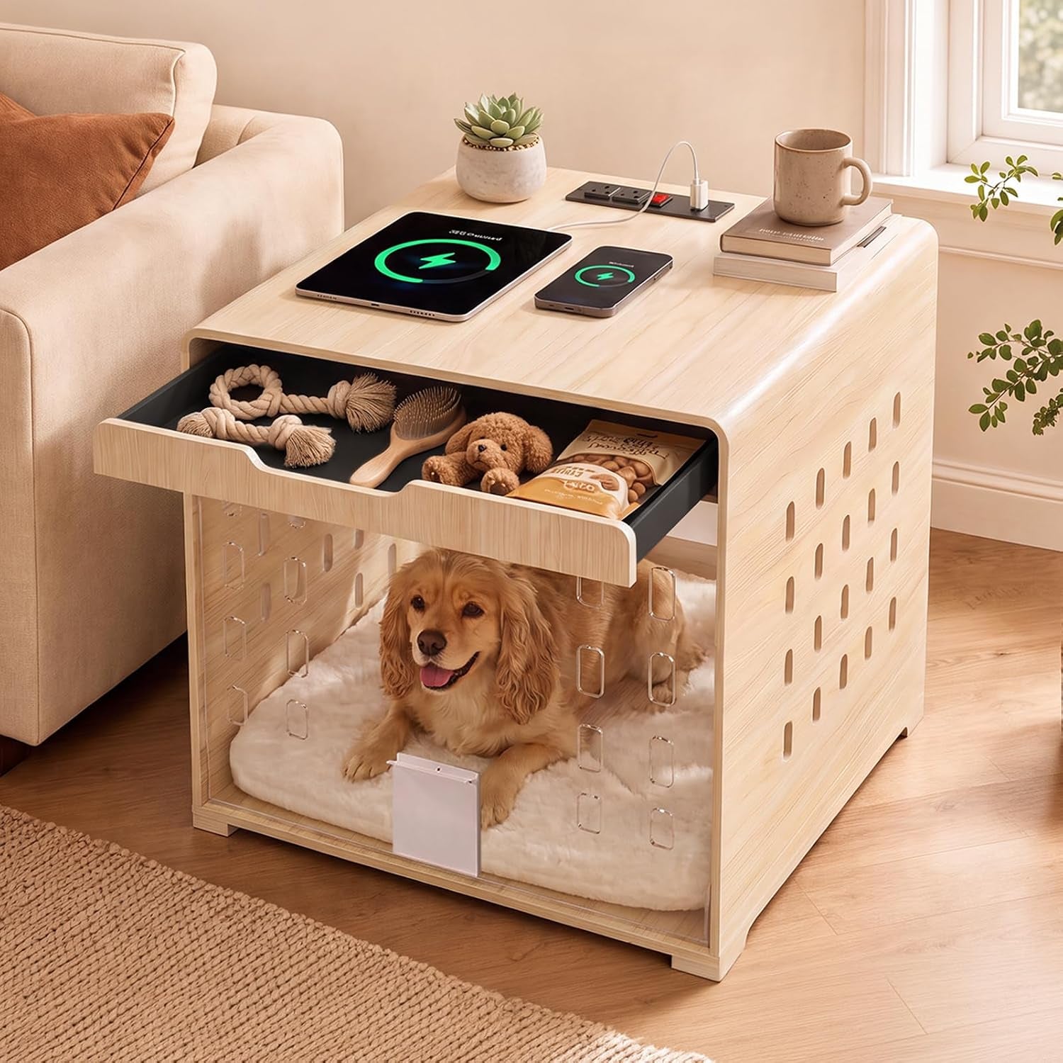 Oak-finish dog crate end table with flip-up acrylic door open, storage drawer pulled out and tablet and phone charging on top