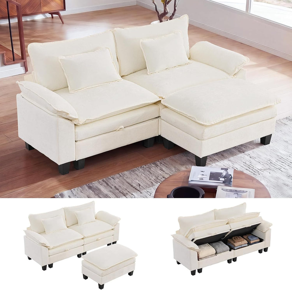 Cream modular sectional with ottoman arranged in a bright living room, two small inset views below show ottoman separate and
