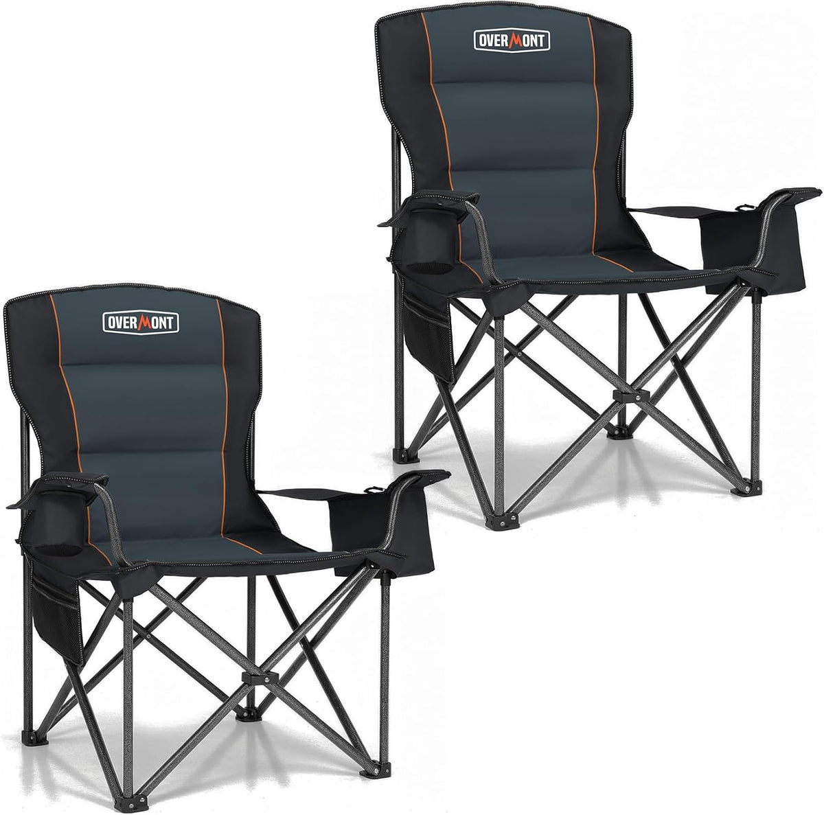 Two dark gray camping chairs with folded frames shown against a white background