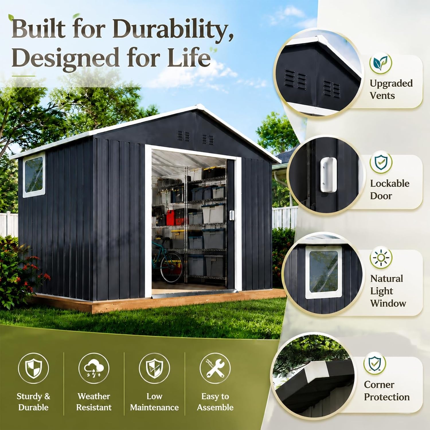 Angled exterior view of dark metal garden shed with inset callouts highlighting vents, lockable door, and window
