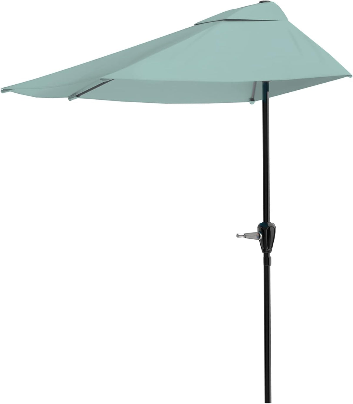 Angled view of a pale aqua half-round umbrella on a black pole, showing the canopy shape and top vent.