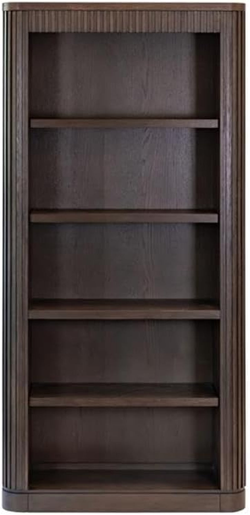 Empty tall bookcase shown from the front with five shelves and visible dark wood grain.