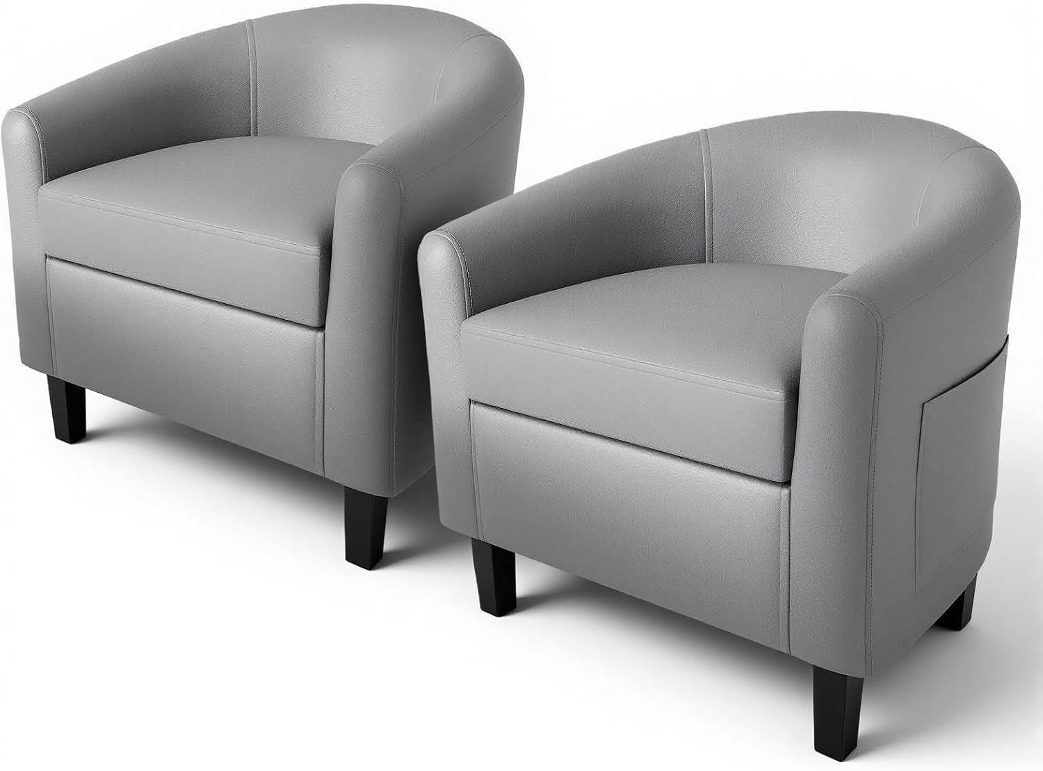 Pair of gray-toned barrel chairs displayed on white background, straight-on perspective.