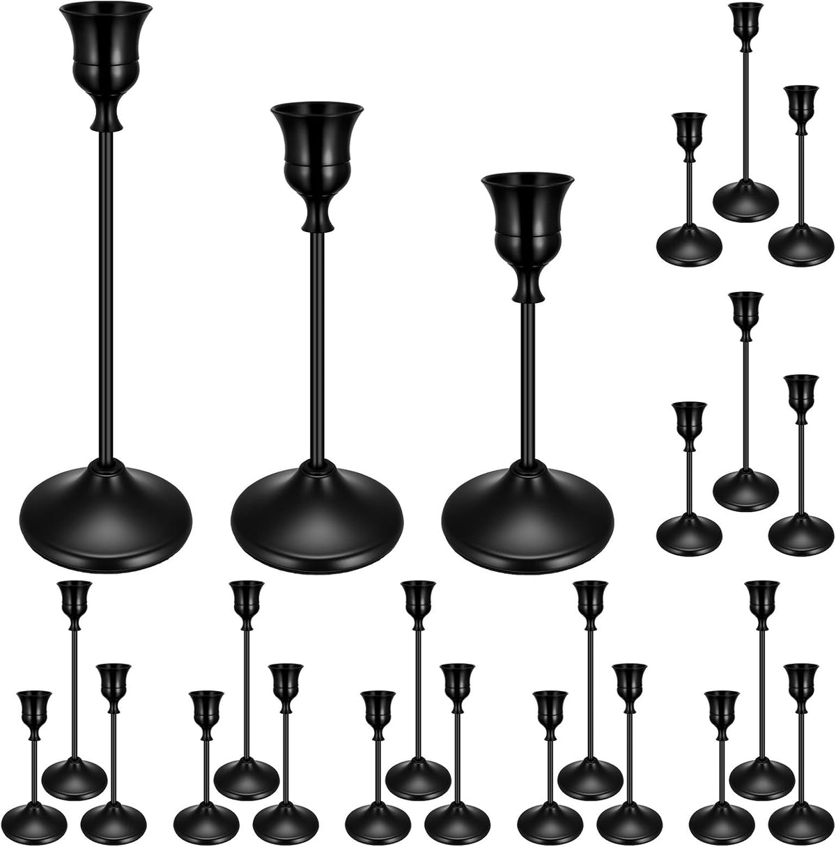 Multiple black metal taper candle holders in various heights arranged on white background