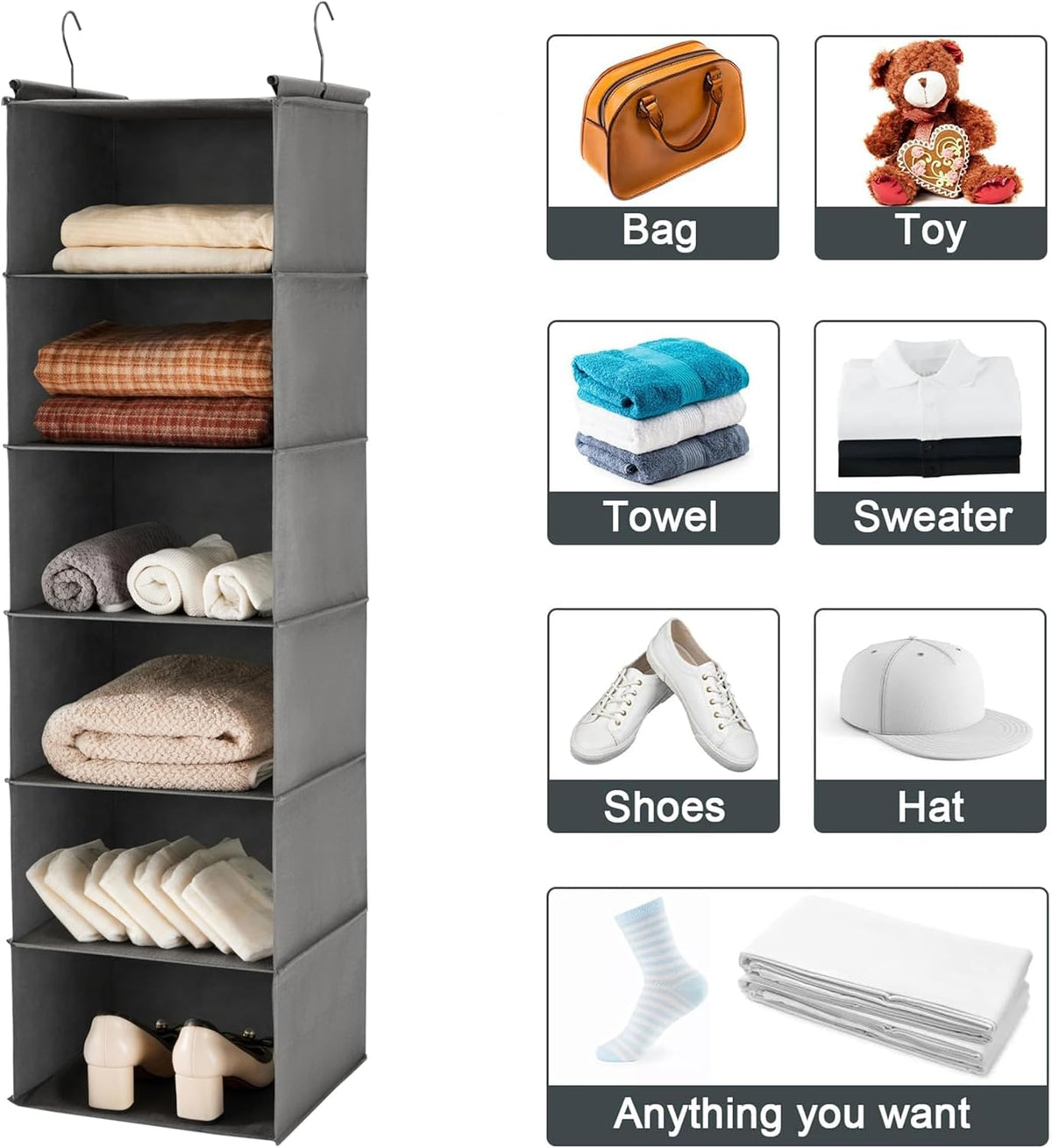 Tall grey six-shelf hanging organizer filled with folded clothes and shoes, shown alongside labeled item icons.
