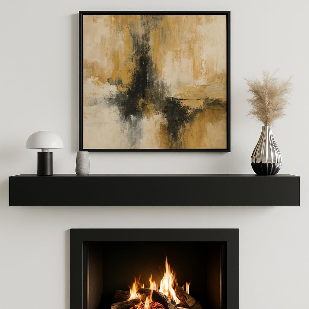 Black floating mantel mounted above a fireplace with abstract framed art and decorative objects on top.