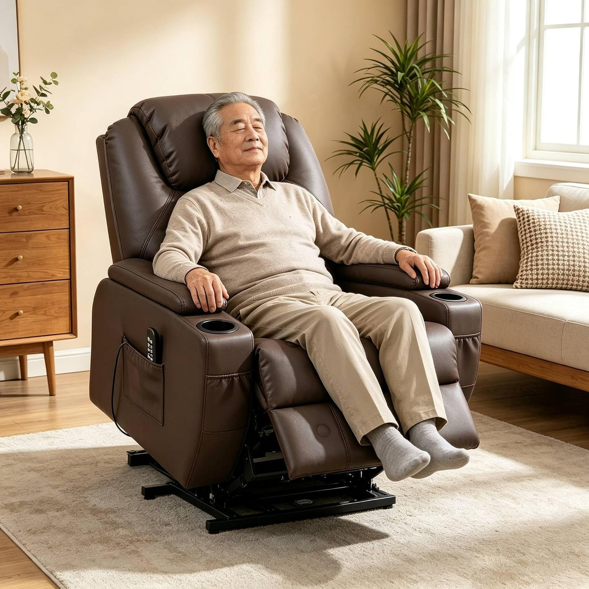 Elderly man seated upright in a brown power lift recliner beside a sofa and plant in a bright living room.