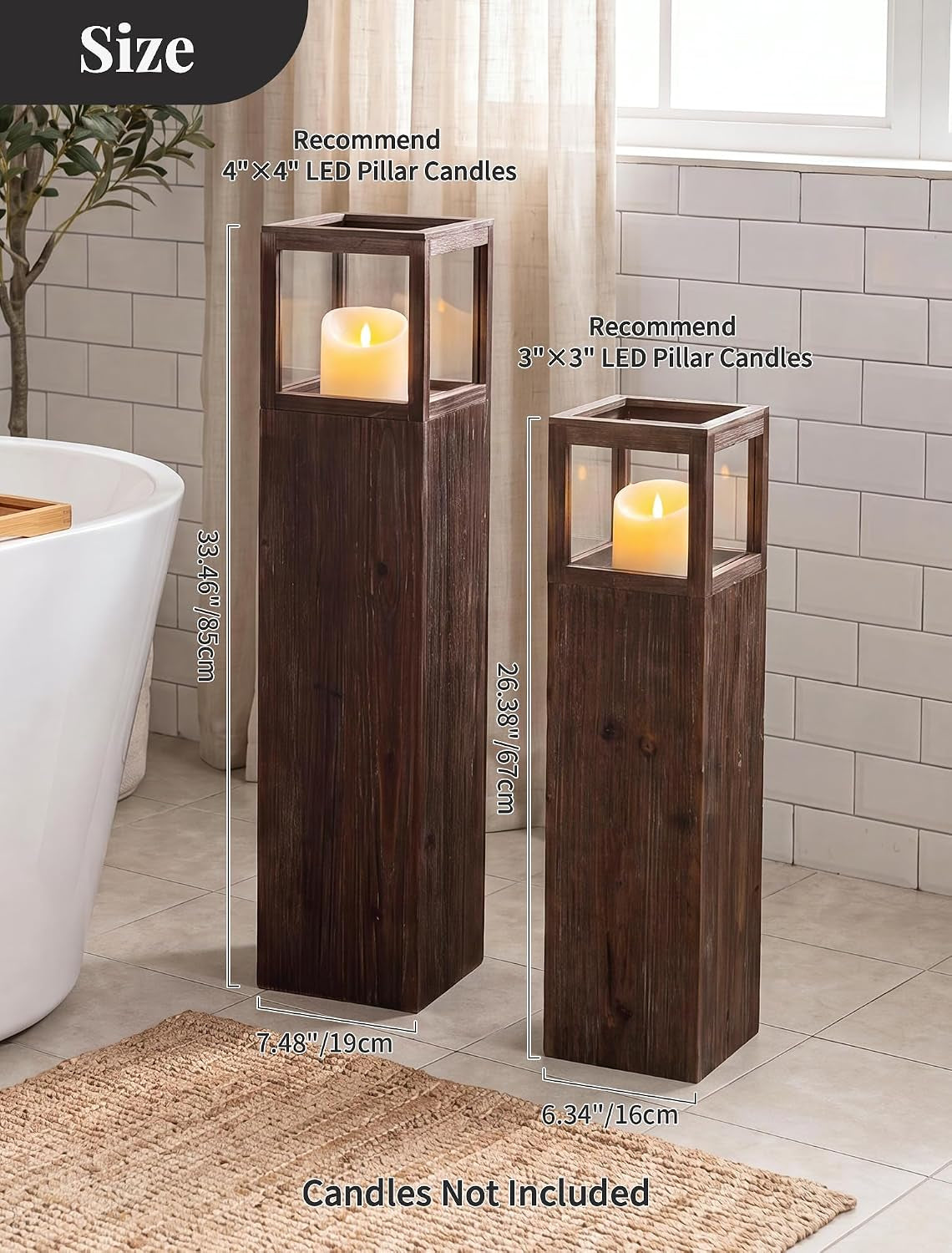 Size diagram of two wood floor lanterns showing 33.5 in and 26.4 in heights and recommended candle fits