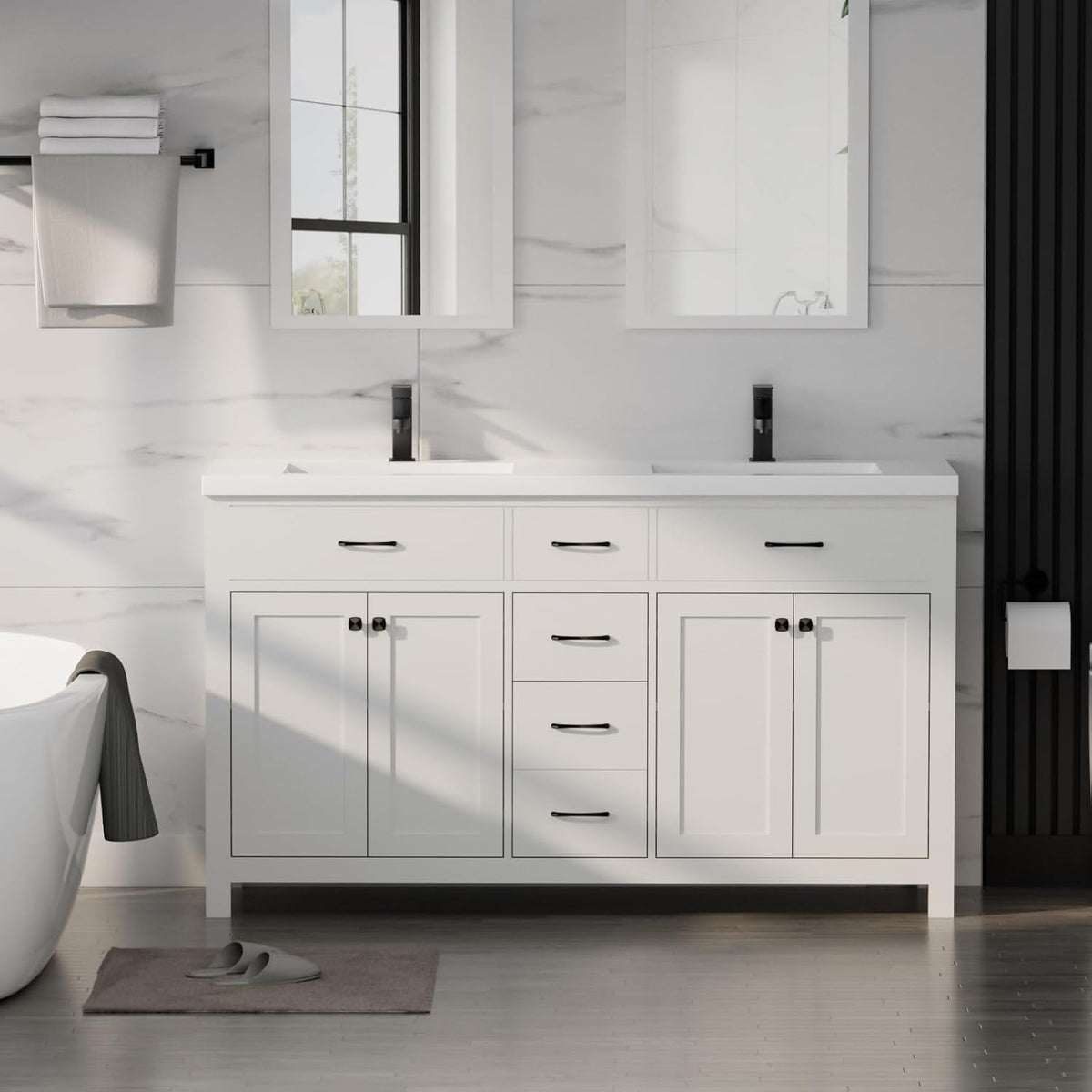 Front view of a double white bathroom vanity with two sinks and black hardware.
