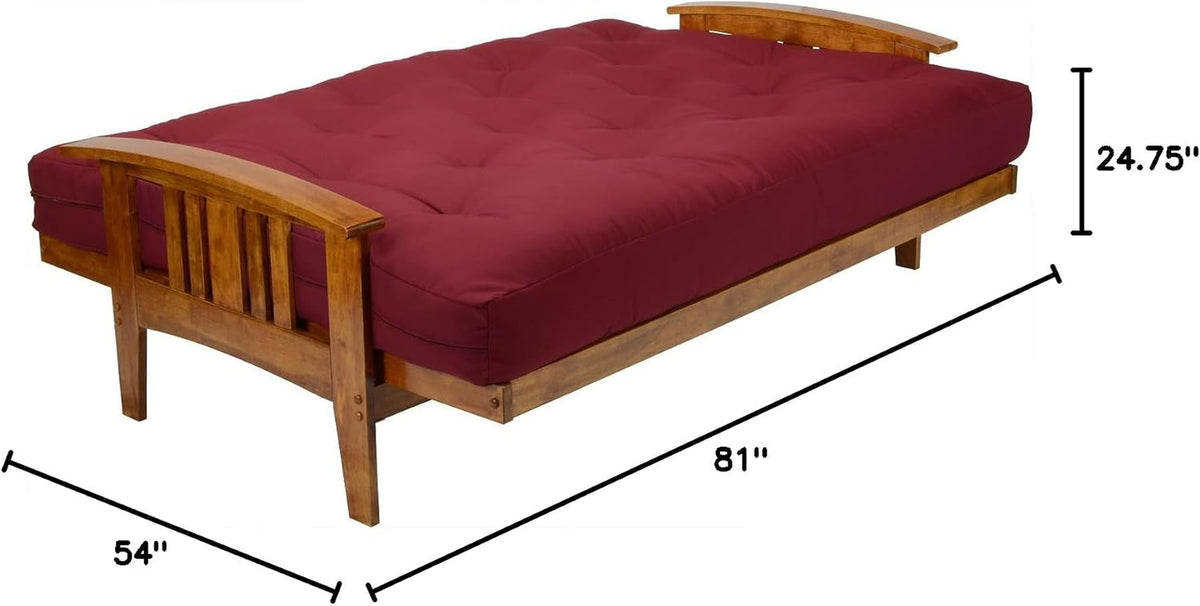 Futon frame shown in flat bed position with tufted burgundy mattress and visible wood frame