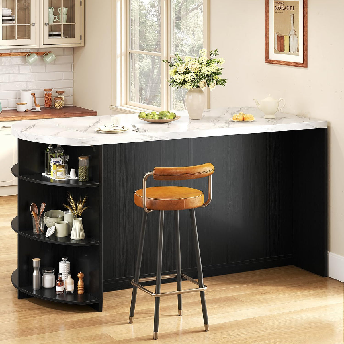 Back view of black island with white faux marble tabletop and bar stool showing seating space and open side shelves