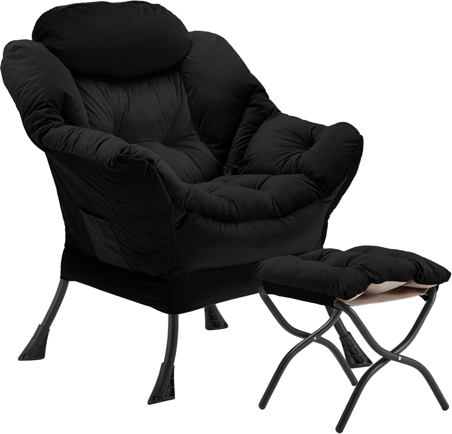 Black velvet padded lazy chair angled front view with foldable ottoman visible at right