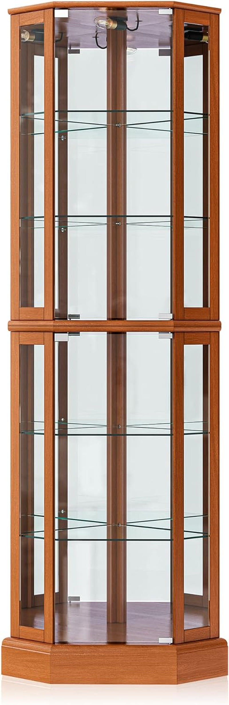 Oak finish corner display cabinet front view on white background showing glass shelves and mirrored back