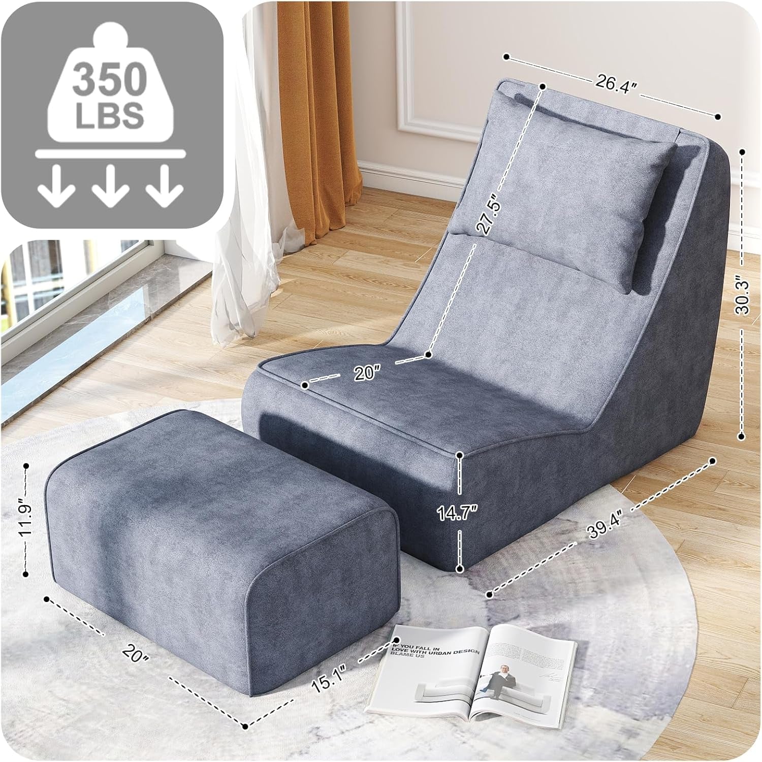 Graphic diagram of the chaise lounge and ottoman with annotated dimensions and a 350 lb icon