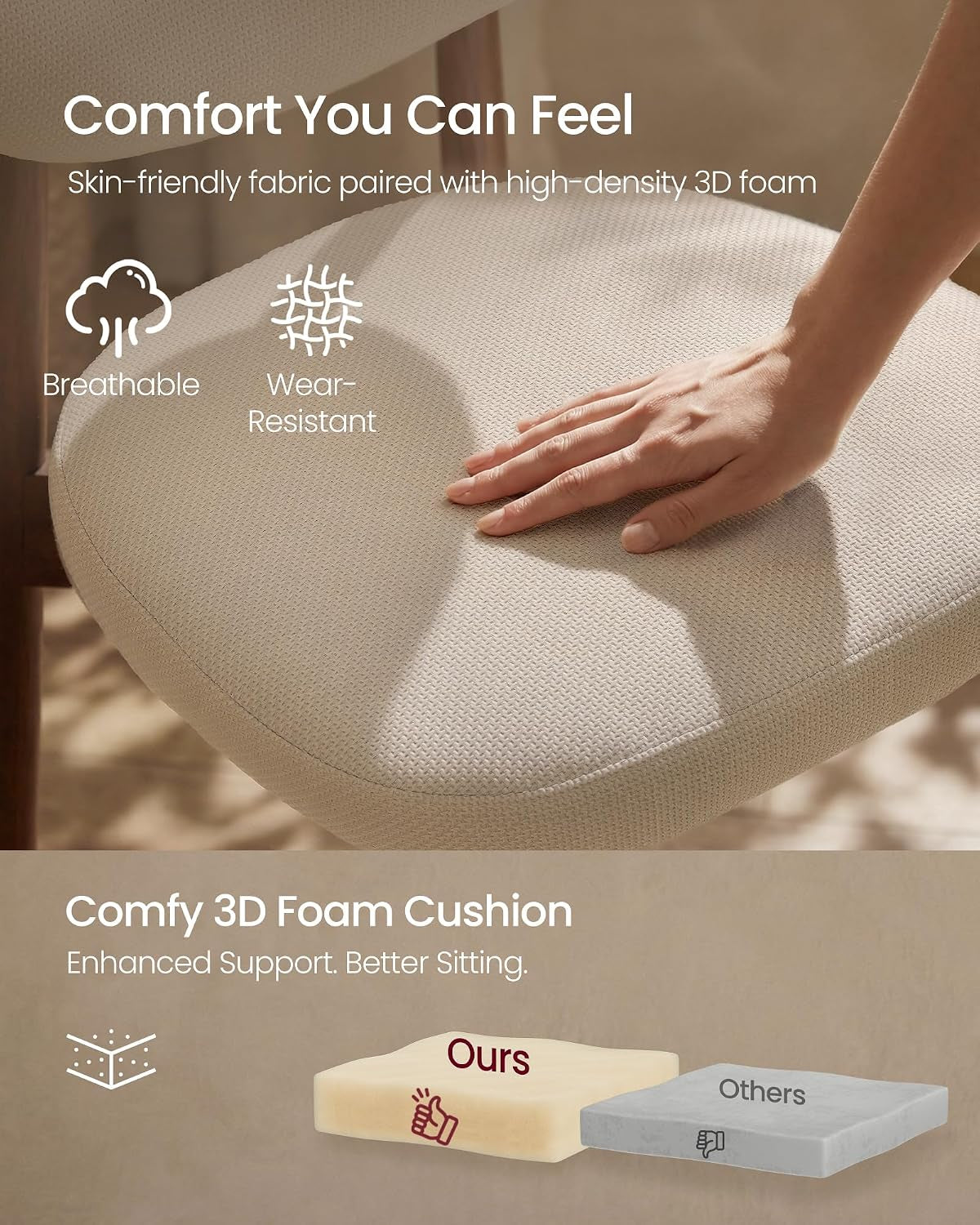 Close-up of beige seat cushion texture with a hand pressing the 2.8-inch high-density foam on the linen-look stool