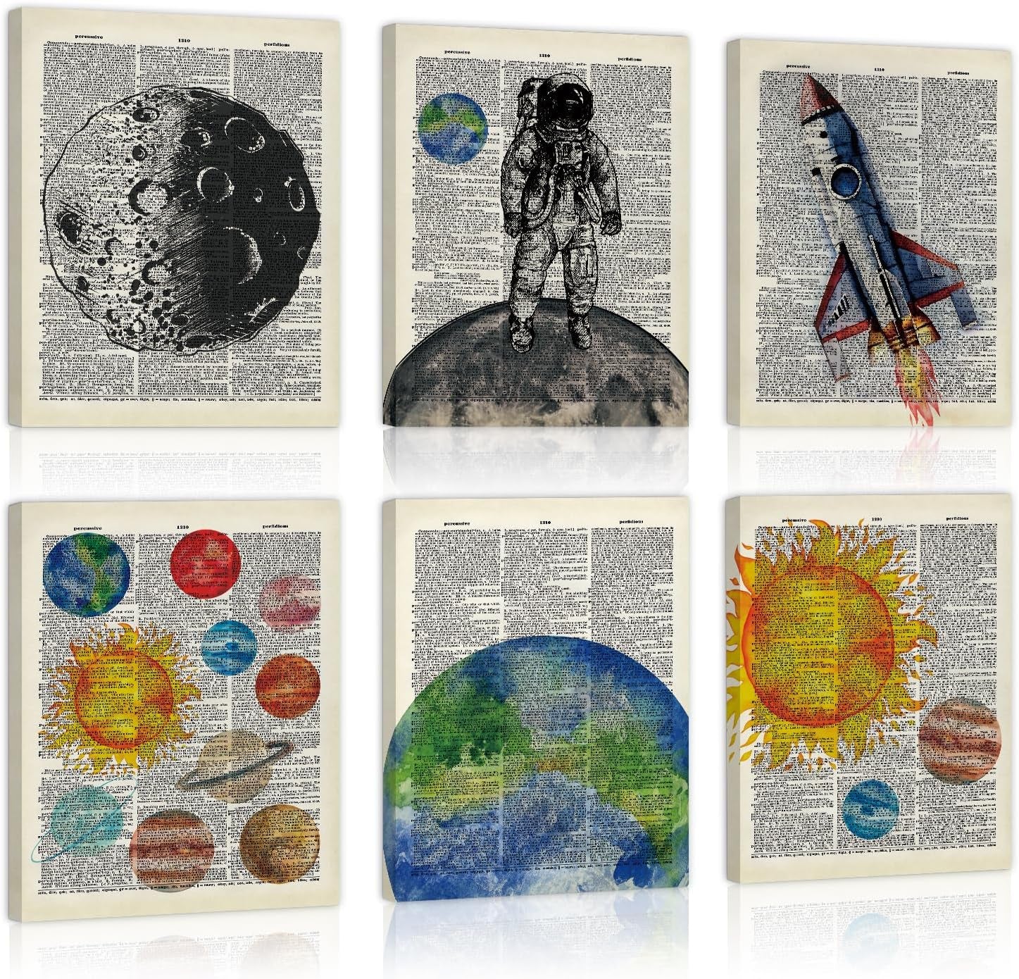 Six vintage dictionary-page space illustrations including a moon, astronaut, rocket, planets, Earth and a sun.