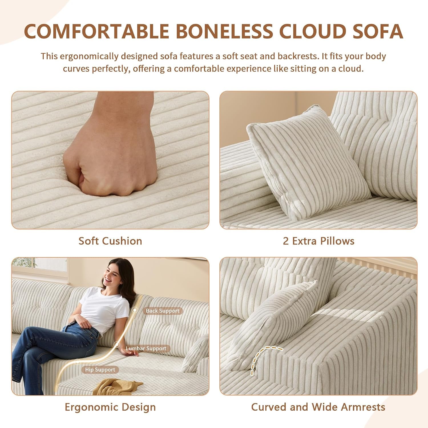 106" L-Shaped Modular Sectional Sofa, Boneless Cloud Couch | with Deep Seat, Corduroy Fabric, 18" Seat Height, 32D Foam & Pocket Spring Support, Right Facing Chaise for Living Room