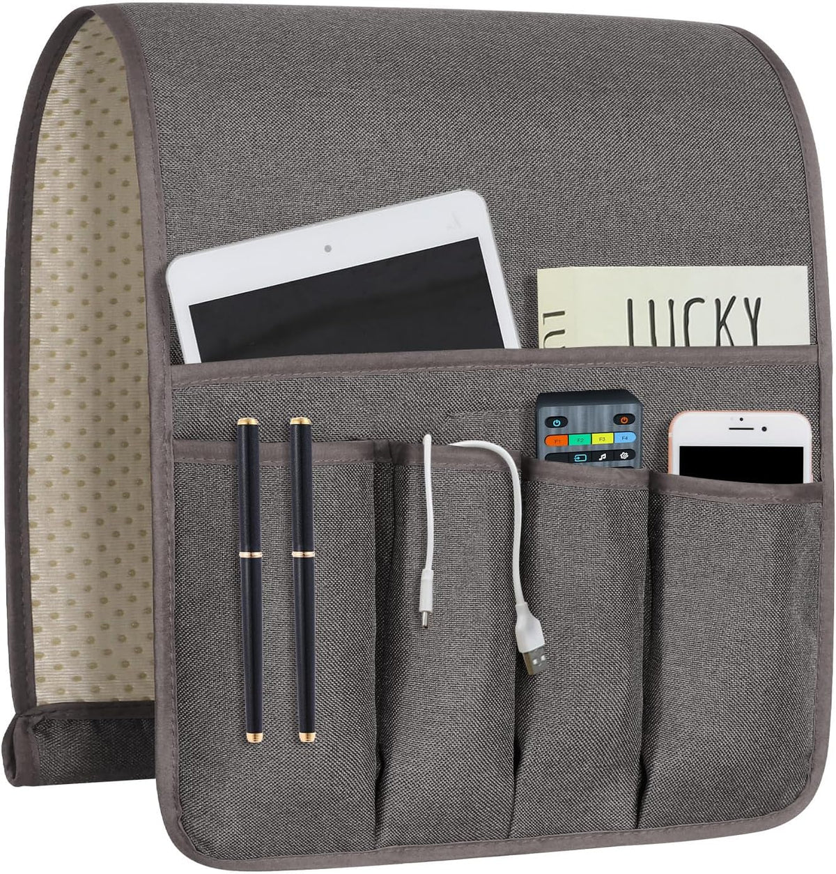 Dark gray organizer front view with slim pen pockets, three deeper pockets and a tablet partially visible above.