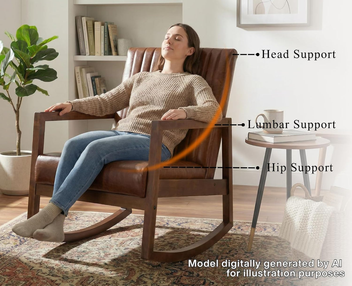 Brown faux leather rocking chair with a seated person showing head, lumbar, and hip support in a living room