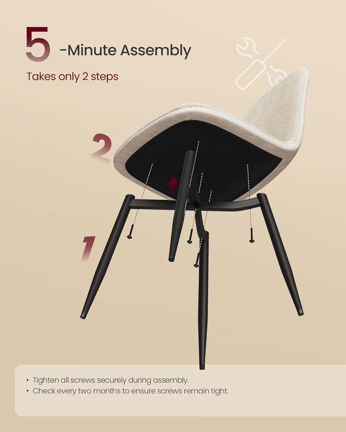 Underside view of cream chair showing black metal legs and assembly points where legs attach to the base