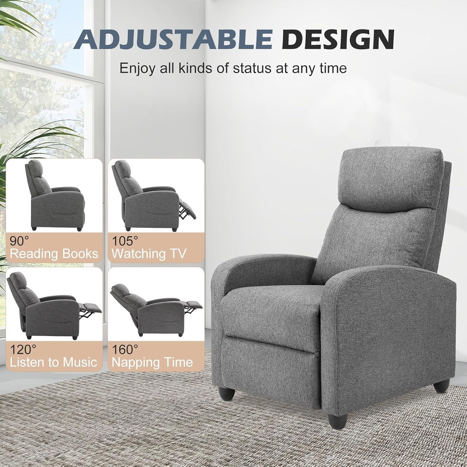 Grey recliner product image showing selectable 90°–160° reclining positions and dual-extension footrest illustrations