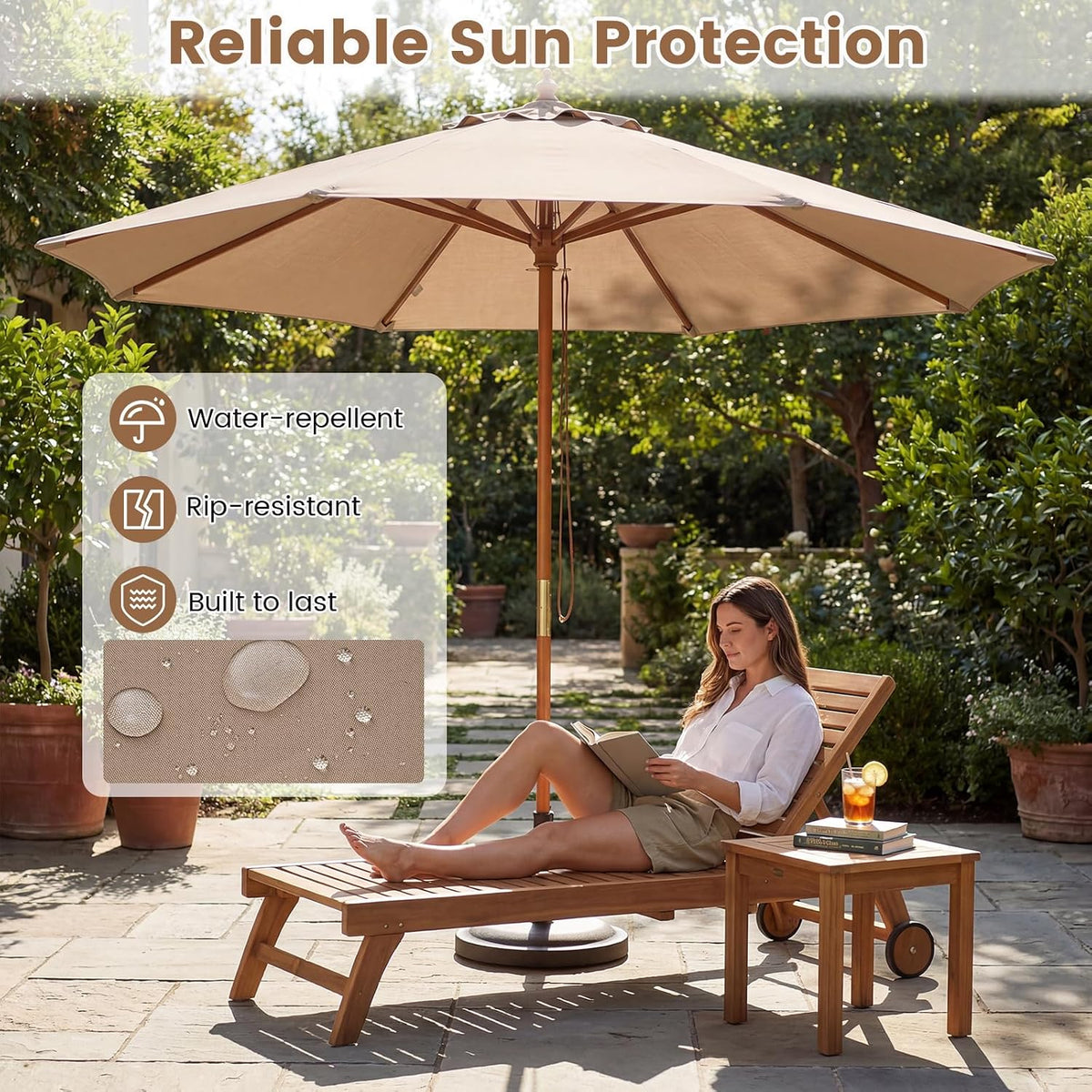 Patio umbrella next to a lounge chair with a close-up inset of water-repellent polyester fabric