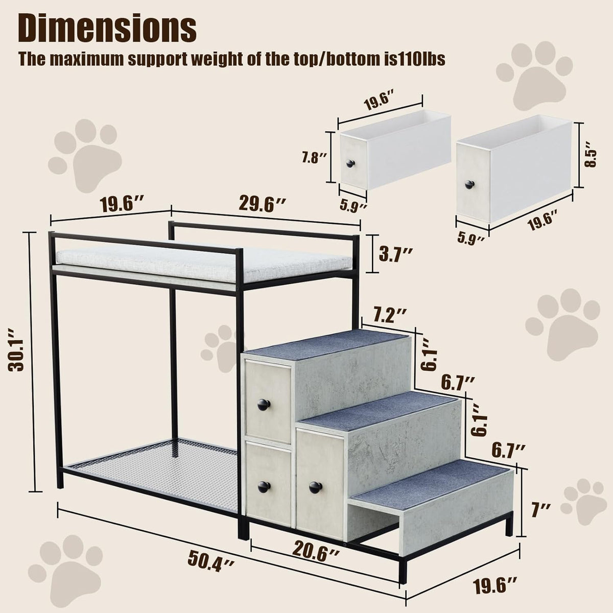 Diagram view showing product dimensions with labeled top platform, stairs and drawer measurements