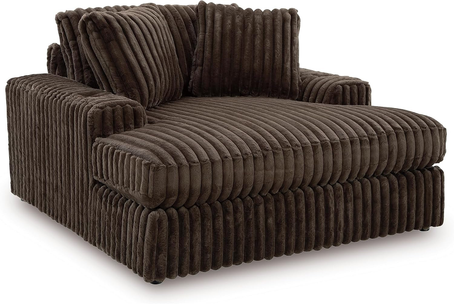 Brown jumbo corduroy oversized chaise lounge front-left three-quarter view showing two plush throw pillows