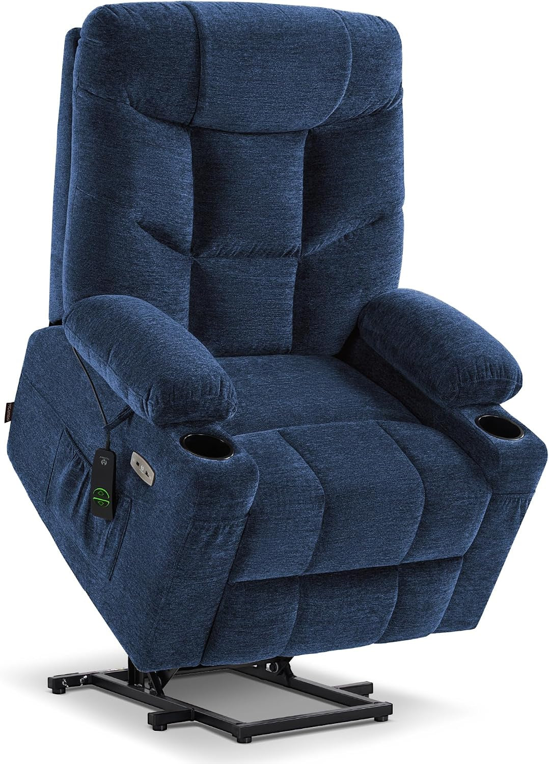 Blue upholstered power lift recliner angled left, showing cup holders, remote pocket and metal lift base