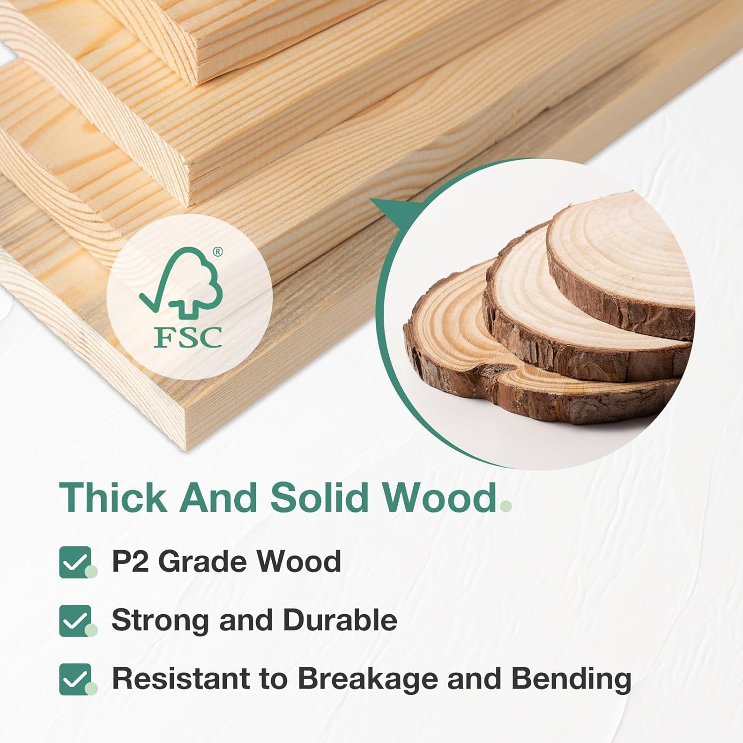 Infographic showing stacked wood slats, wood slices, and printed material claims.