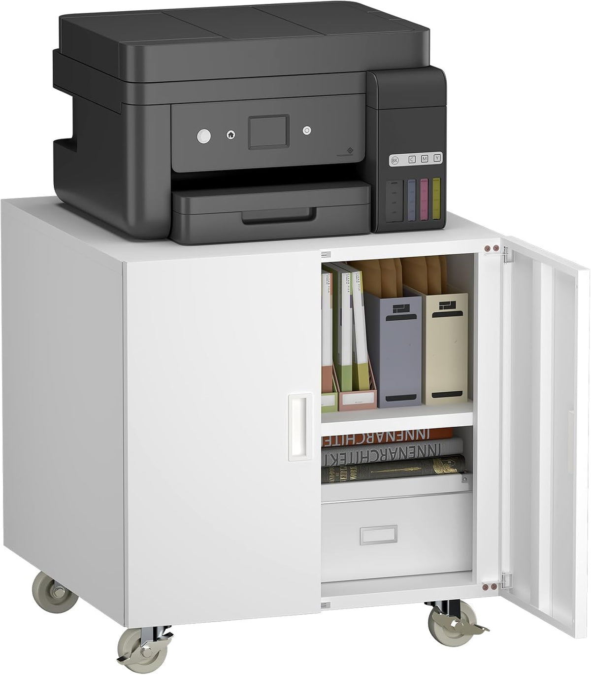 White metal rolling printer stand with one door open showing adjustable shelf and front caster