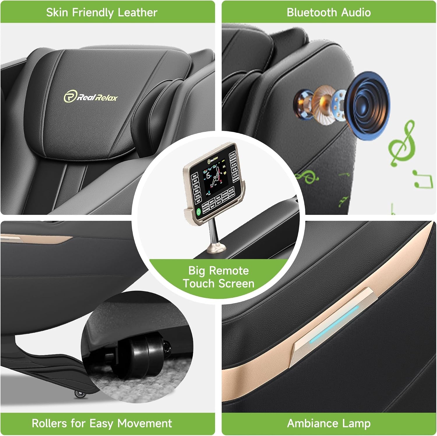 Collage of close-ups showing the chair's headrest, touchscreen remote, caster wheel and side ambience lamp